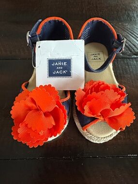Janie and Jack Navy Sandals with Bright Orange Floral Appliqués